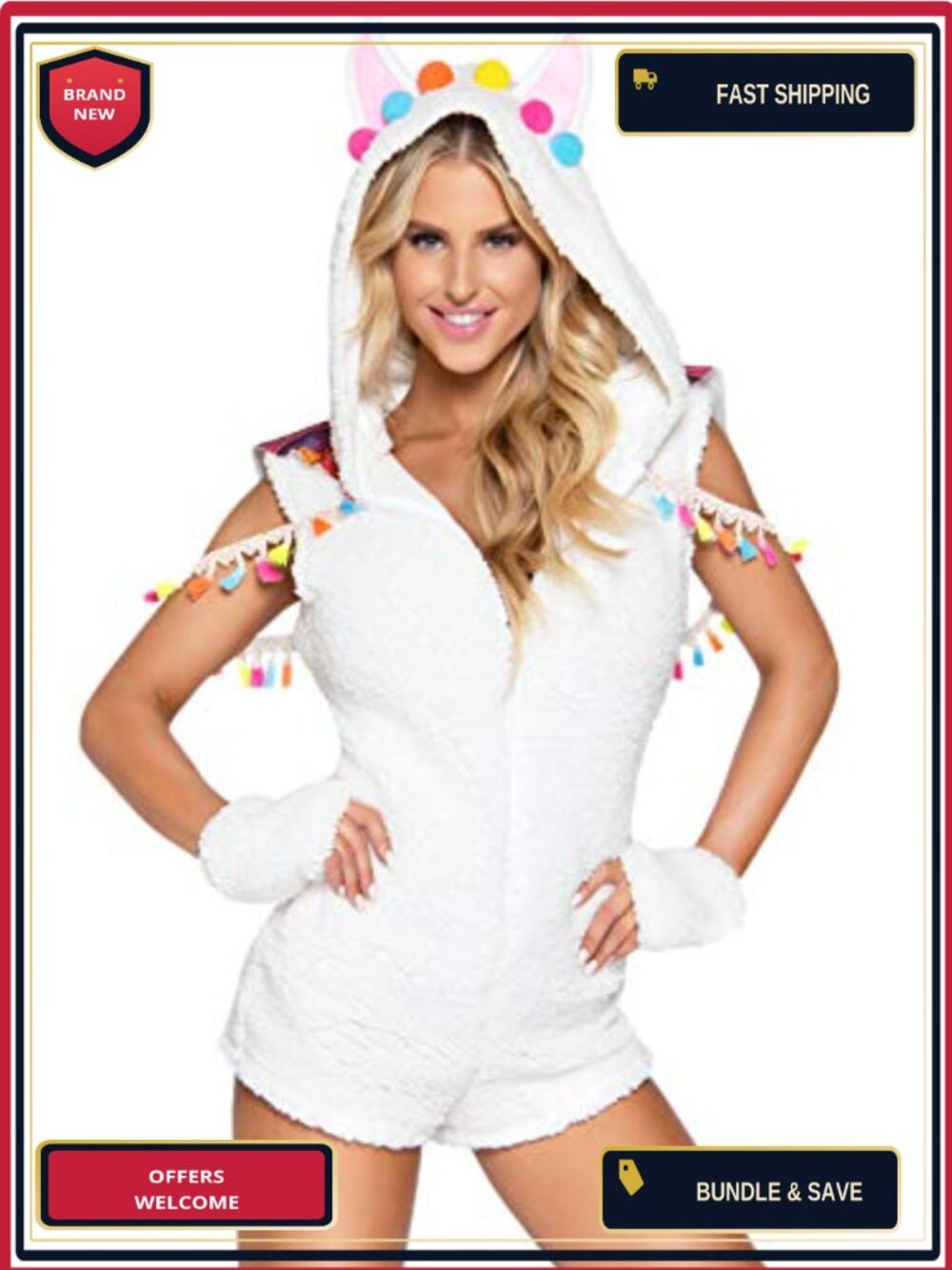 Women's Cuddly Llama Costume 2-Piece Zip Romper Fleece Hood